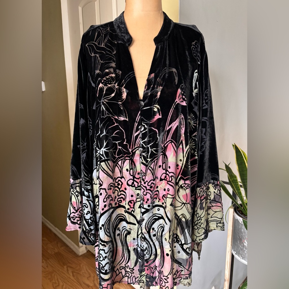 $249 Citron Silk Velvet Dark Floral Top Whimsighot Fairy Plus Size 1X Artsy Boho
